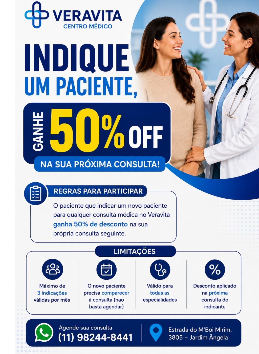Programa de indicação Veravita: indique um paciente e ganhe 50% de desconto na próxima consulta